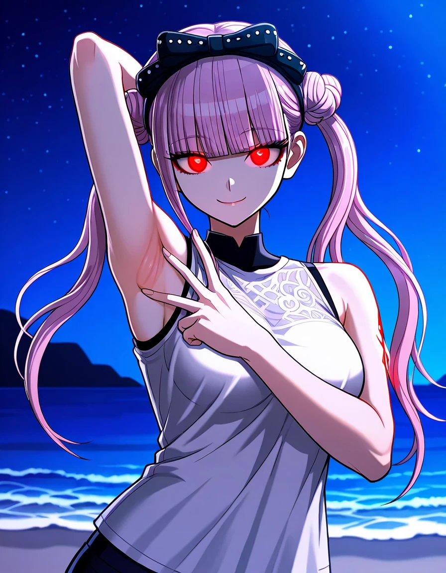 kako, pink hair, red glowing eyes, twintails, double bun, black bow, blunt bangs, alternate costume, sleeveless, white shirt, high quality, closed mouth, solo, upper body, night sky, beach, <lora:spread-armpit-illustriousxl-lora-nochekaiser:1>, spread armpit, armpits, armpit focus, v, ((contrapposto)), looking at viewer, smile, best quality,