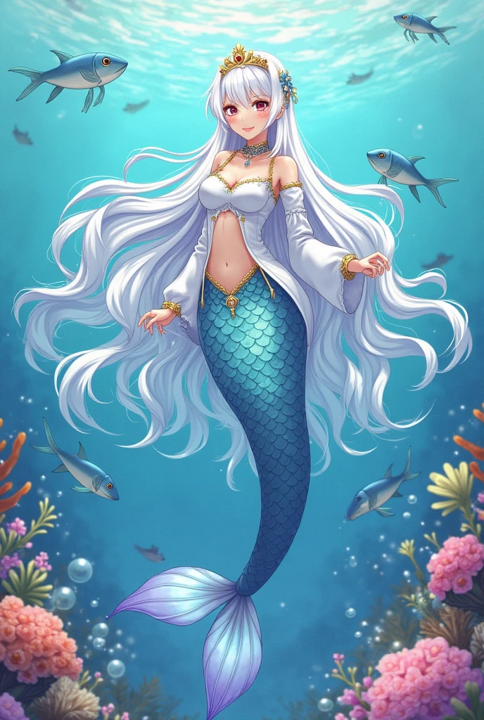 Reference sheet for a pretty anthropomorphic mouse girl magically transformed into a mermaid, fantasy, race change, long fangs, is smiling, drawn in anime style, fishlike, very long curly white hair, red eyes, white fur, slim body, whiskers, mouse ears, long mermaid tail below waistline, pelvic and dorsal fins, a pair of fish gills on her neck, seashells bra, pearl earrings and bracelets, pearl necklace, Highly detailed, masterpiece, high quality, 4K.