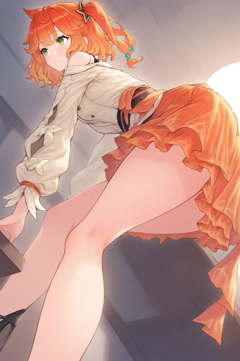 ulzzang -6500-v1.1, (Raw foto:1.2), (Photorealistic:1.4), Beautiful detailed girl, hips up high,((posterior view)),Very detailed eyes and face, Beautiful detailed eyes, Ridiculous, Unbelievably ridiculous., Huge file size, A highly detailed, hight resolution, Very detailed, Best Quality, masutepiece, Chemomimi, ((Japan Cheer Girl)), Illustration, Very detailed, Bop, integration, 8K Wallpaper, amazing, Fine details, masutepiece, Best Quality, Highly detailed YTD uniform 8k wallpaper, Light on the Face, Cinematic lighting, 1girl in, sixteen years old, ((Dynamic Pose))), (Camel toes), (half), (Standing posture), ((Black panties))