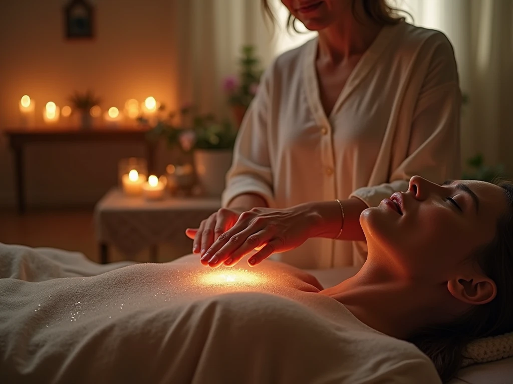 Woman applying reiki with white light emanating from her hands on another woman lying on a massage table, environment with golden light sparks, picture of the higher self on the wall.
