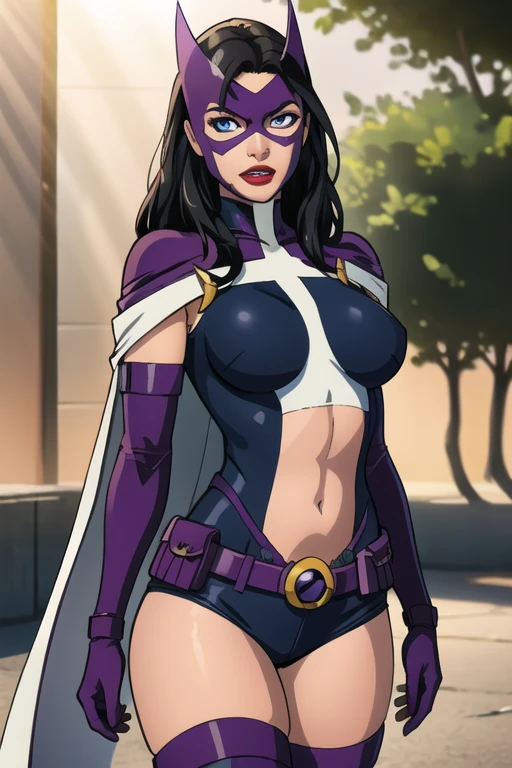 <lora:CARTOON_DC_huntress_ownwaifu-15:0.8>,cartoon_dc_huntress_ownwaifu,1girl,solo,long black hair BREAK
black and purple sleeveless vest BREAK
black cape BREAK
black leggings,black thighhigh boots BREAK
purple mask BREAK
midriff,navel BREAK
revealed cleavage,exposed medium breasts,(covered nipples:1.1) BREAK
looking at viewer seductively,full shot,simple background,insanely detailed,best quality,masterpiece,(photorealistic:0.8),
