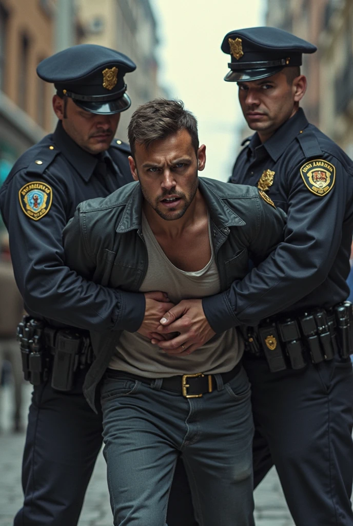 Two policemen in leather clothes tied up a muscle thief without a coat, handsome, muscle, chest hair, gay art, Finnish Tom style, film texture, blurred background, close-up of the protagonist