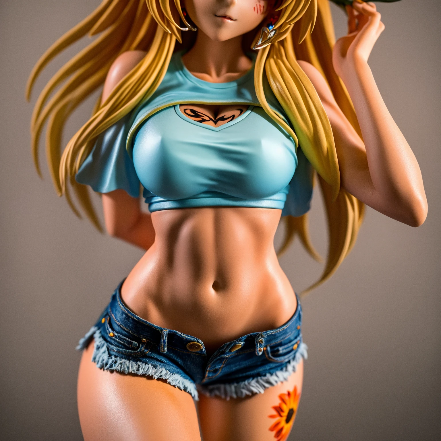 super high resolution, dramatic angle, nami \(one piece\), 1girl, bangle, bangs, bare shoulders, belt, bikini, bikini top only, blue sky, bracelet, breasts, brown eyes, bubble, cleavage, cloud, cowboy shot, day, denim, earrings, floating hair, green belt, green bikini, groin, jeans, jewelry, large breasts, log pose, long hair, looking at viewer, navel, orange hair, pants, shoulder tattoo, sidelocks, sky, smile, solo, standing, stomach, swimsuit, tattoo , ((masterpiece))