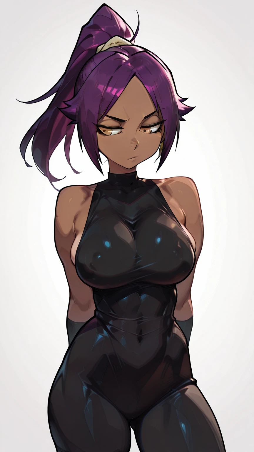 score_9, score_8_up, score_7_up, score_6_up, score_5_up, score_4_up, 1girl, hot, big breasts, slender waist, wide hip, thick thighs, big ass, dark-skinned female, dark skin, purple hair, ponytail, yellow eyes, yoruichi shihouin, long hair, black thighhighs, thong leotard bodysuit, black thong leotard bodysuit, sitting cross-legged but with a more upright and formal posture