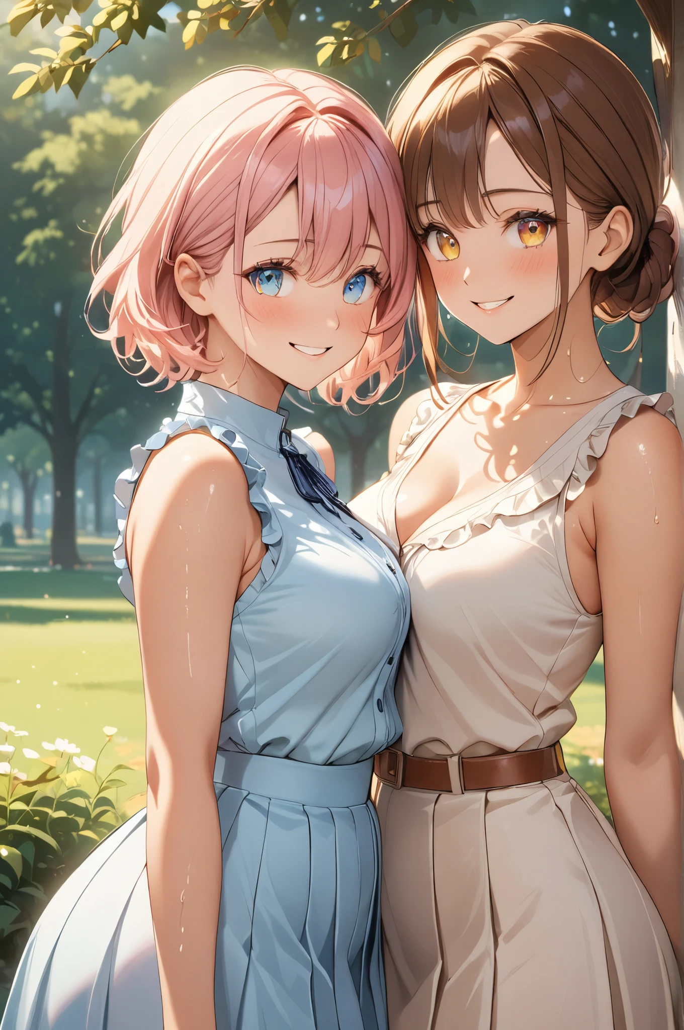 (High quality, High resolution, Fine details), sunlit park, natural light, Two women, sleeveless frilled blouses in soft pastel color, white pleated skirt, standing, show armpit, Two, curvy adult women, sparkling eyes, (Detailed eyes:1.2), smile, blush, (Sweat), Oily skin, Soft shadows, natural color palette, warm tones, shallow depth of field