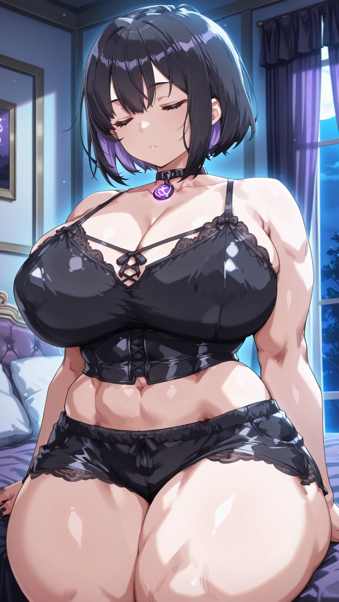 ((Masterpiece)), perfect anatomy, perfect shading, field of depth, (best quality), extremely delicate and beautiful, perfect lighting, detailed face, ultra cute face, cute, (cowboy shot 1.2), looking at viewer, full body, (((1girl))), (((solo))), goth girl

Short hair, black hair, ((hair over one eye)), pale skin, green eyes, eye liner, ear piercings, ((blush)), seductive smile, (black laced crop top 1.5), (black short sectioned skirt 1.5), fishnet stockings, ((wide hips)), (((thick thighs))), (chubby), chubby belly, fat folds, belly hang, 

 cafe, intricate background, detailed background, hand on hip,
