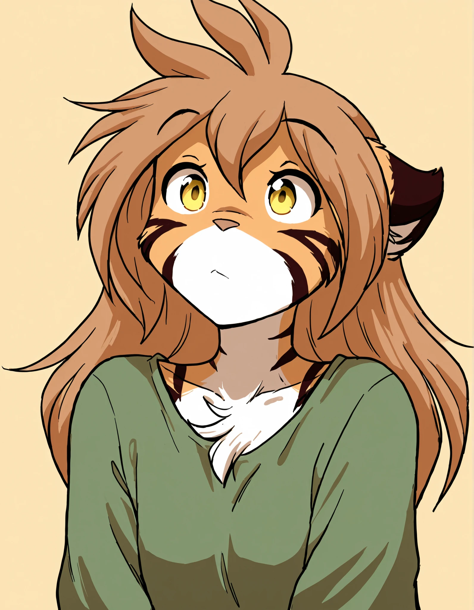 ,, masterpiece, best quality, very aesthetic, 1girl,, furry, solo, flora-twokinds, flora_twokinds,, tiger, striped fur, keidran, yellow eyes, anthro,, green shirt