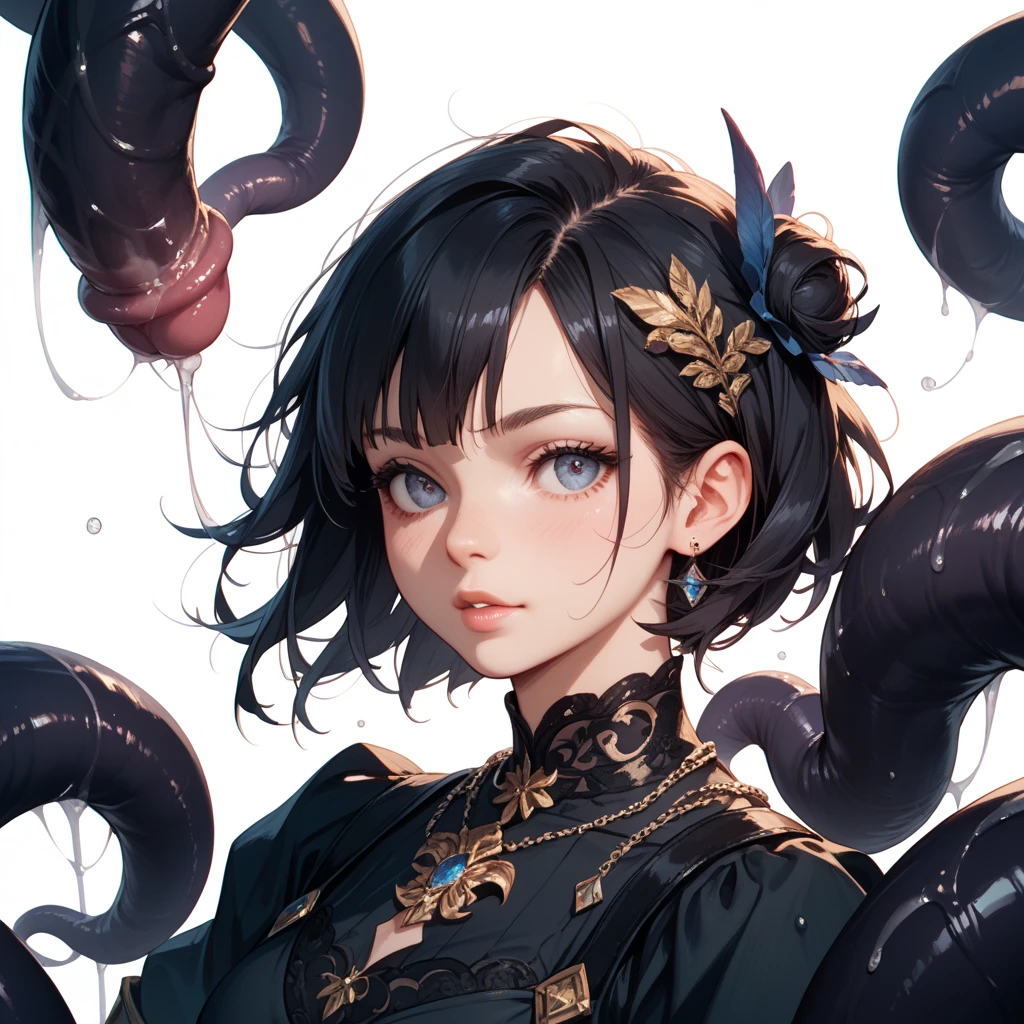 girl,一条蛇缠绕着girl,Black Hair、black eyes,,Off-shoulder kimono,Beautiful face,Snake Woman、Poker face、Black snake pattern、turn around、A black ribbon tied around the neck、Snake scale pattern kimono、With the snake、Personal illustration、short hair