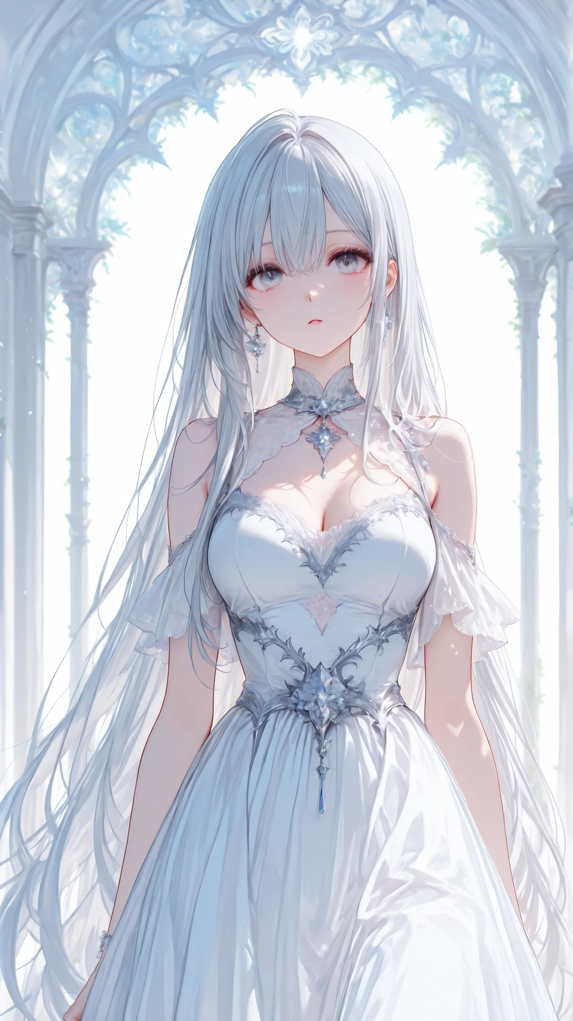 silver hair,butterfly,long gray hair,Light pink wedding dresses,8k wallpaper,Detailed background,best high resolution,deep v big,Hair covering one eye,Bandeau Wedding Dress,church,white roses and pale pink roses,tight fit,stockings,(((perfect and cute hands)))
