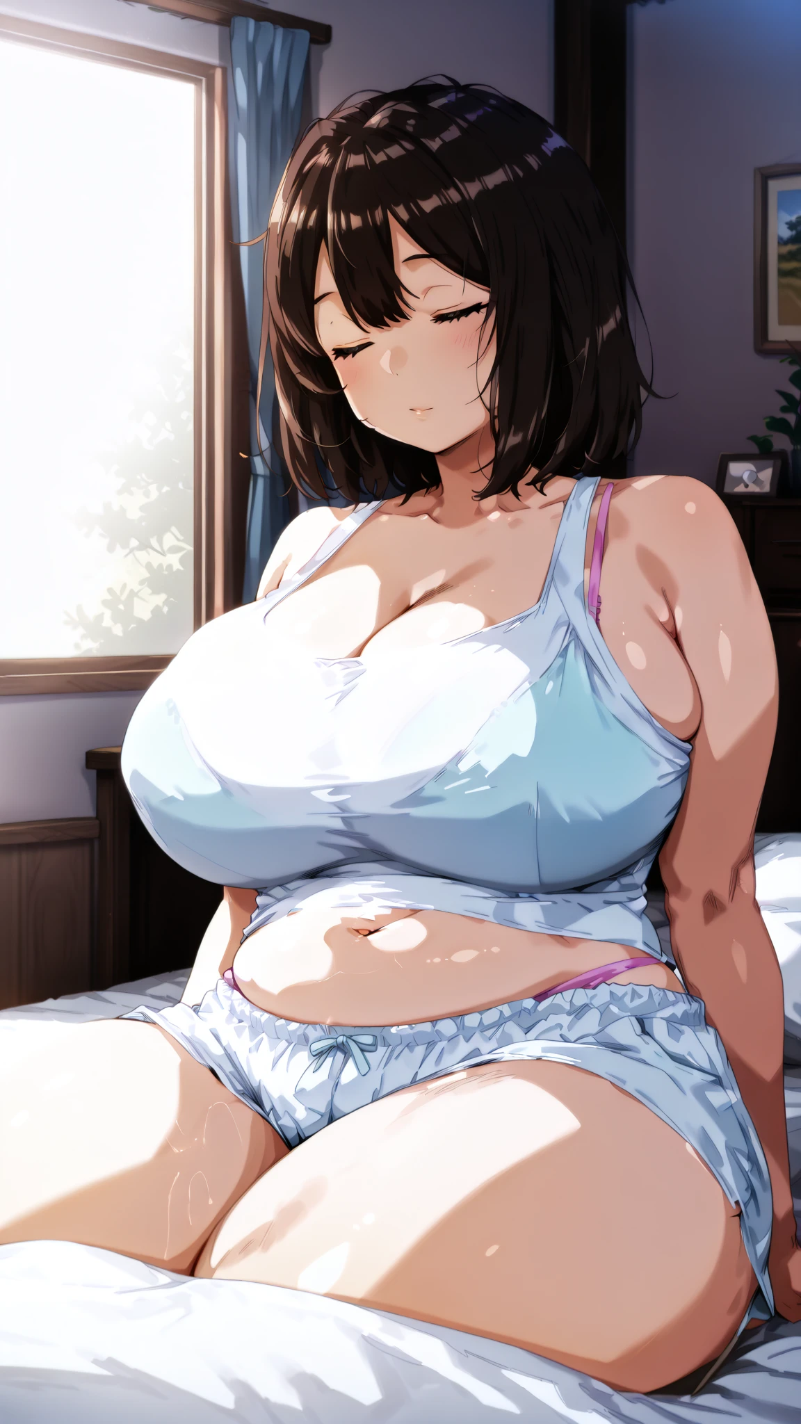 (high quality、Masterpiece、high resolution)、(torino kazami,mature female,gigantic breasts,plump,brown hair,brown eyes,updo,lipsticks,wide hips,thick thighs),(White underwear、from above,lying,bedroom,on bed,sweat,steam,night scene:1.4)