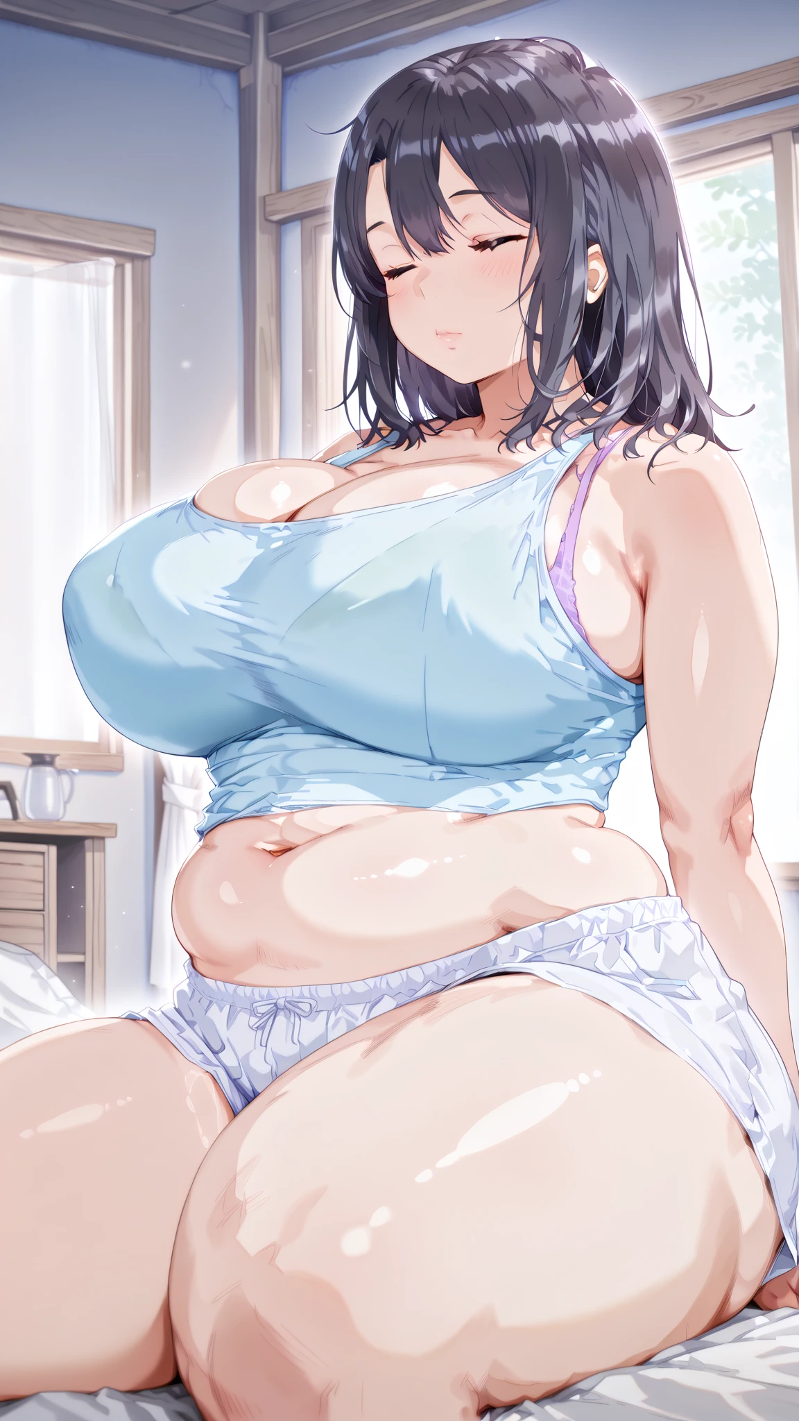 nsfw,on brown treatment bed,mature modest female massaged by esthetic therapist,adult curvy body,beauty salon,white paper bikini,(wet oily skin:1.1),sweaty,trembling,black hair,tied hair,empty eyes,