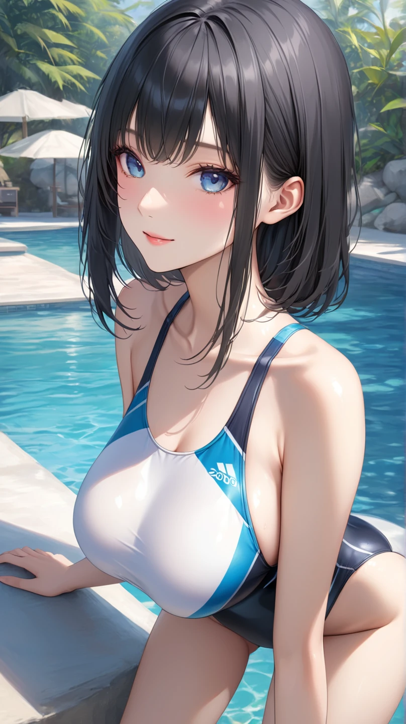masterpiece, High resolution, perfect face, beauty of japan, 30 years old, competitive swimsuit, pool, beautiful swimmer, embarrassed look, look at the camera, top quality eyes, detailed texture, look at the camera, medium tits, Married woman, cool women, high resolution eyes