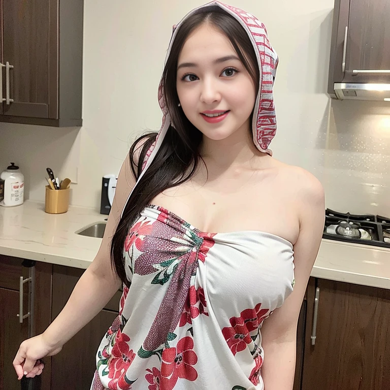 Hyper realistic, Beautiful, cute Face, 20 Years old russian lolita Girl, (wearing hijab), wearing sexy seethru light purple floral mini house dress, unbuttoned floral house dress, ((lifted dress)), open breast, Rounded small Breast,slightly Chubby , buttock:1.2, White Skin, Smiling, kitchen Background, upper body, Perfect Potrait, Bokeh Effect, Look at Viewer, Perfect Eye, Perfect Hand, Perfect Finger, (small breast), ((adorable:1.2)), ((masterpiece:1.1)), ((bokeh:1.2)), side view, seductive pose