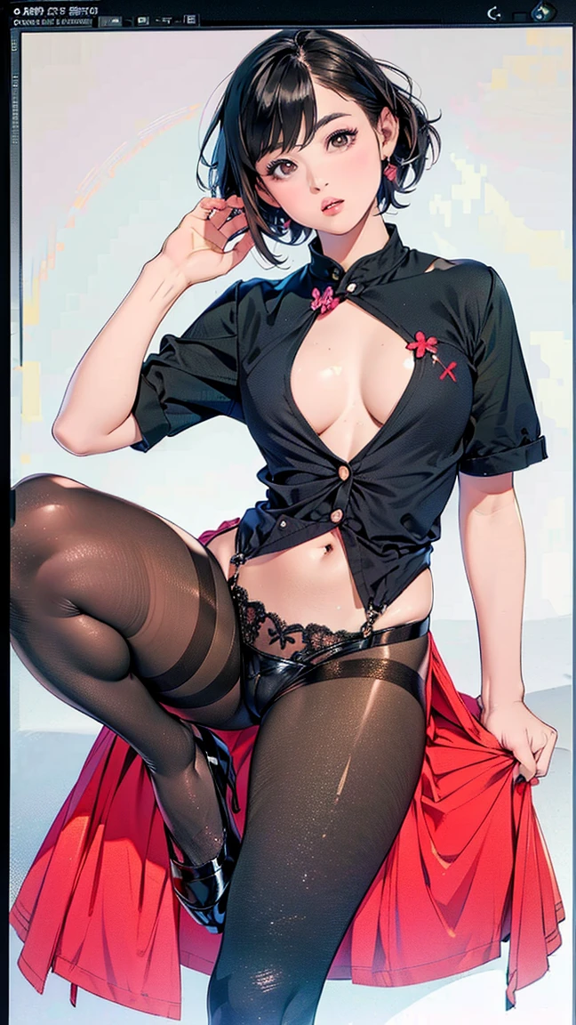 One Girl,Fantasy,Full Body Lesbian,night,Pink Hair,belly button,naked,naked,(masterpiece,Best Quality),(Lace pantyhose:2,pink and white gradient,Very thin),(Visible panties:1.5,black lace up panties),真っ暗なnight空,Kilo,Split Lighting,16K,Wide Wide Shot,