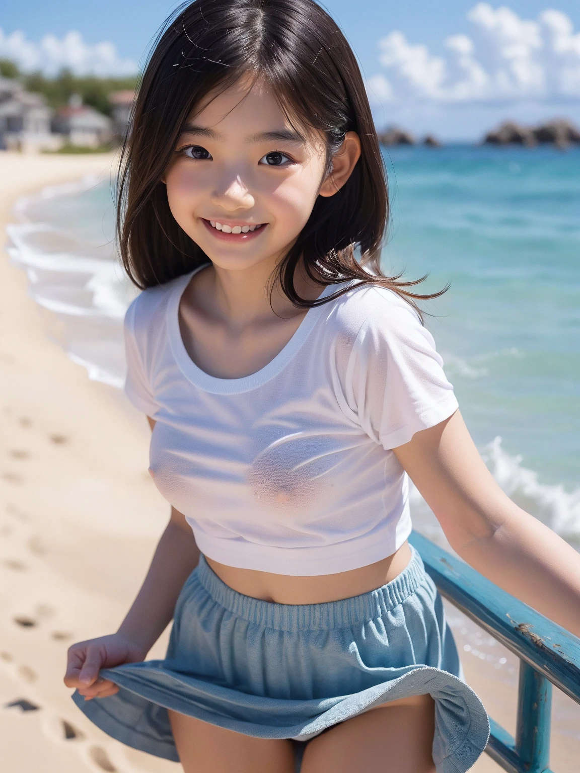 nsfw, (((at surrounded by a lot of japanese men’s in beach))), (1 Japanese idol:1.4), break, (Wearing white oversize T-shirt on naked:1.5), (frat breasts:1.4), (shaved pussy:1.3), (full body:1.3), medium straight hair, bangs, small face, baby face, face, no-makeup, narrow waist, break, (standing pose:1.3), (cleavage:1.3), (wariza:1.6), (best smile:1.4), (full_face_blush:1.0), (blush:1.1), (wariza:1.6), <lora:hongkongdolll