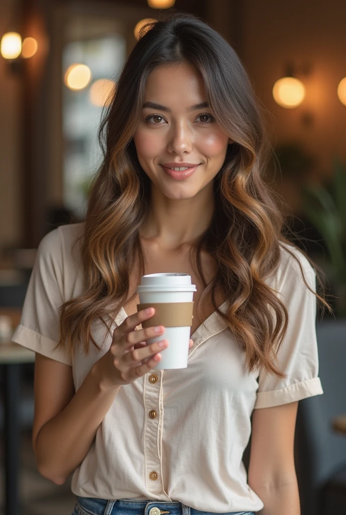 A full body shot of a beautiful Asian actress with long brown-colored hair, detailed beautiful hazel eyes, detailed beautiful face, detailed beautiful fingers, standing in a pastel-themed coffee shop. She is holding a cup of coffee in her hand, posing gracefully with a warm smile. The coffee shop interior is cozy and decorated in soft pastel colors, creating a charming and inviting atmosphere. The lighting is natural and gentle, enhancing the soft and pleasant ambiance of the scene.