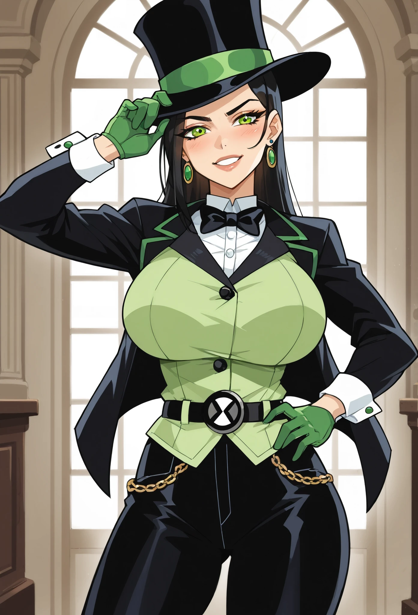 masterpiece, the best quality, highly detailed, cinematic dust , unity wallpaper 8k, masterpiece, the best quality, ultra detailed, high quality、high image quality、detailed face, (masterpiece), (perfect-all), perfect anatomy ,N0R3AL_PDXL, detailed eyes,
BREAK,1 girl, pants, Alone, black hair, has, Gloves, bowtie, bow, top hats, breasts, green eyes, green Gloves, long hair, shirt, looking at the Viewer, black hats, dark green shirt, black bow, huge breasts, black bowtie, make-up, jacket, black jacket, cowboy shot, room, ben10, black pants, absolutely huge breasts, absolutely thick thighs, absolutely wide hips, slim waist,,belt, green Belt,underbelt, súper tight shirt,curvy, toned,skinny,curvy, toned, athlet enic, green shirt,tightpants, sexy pants, long sleeves, uncensored, long shirt, absolutely huge breasts, absolutely thick thighs, ((Slim waist)1:1),