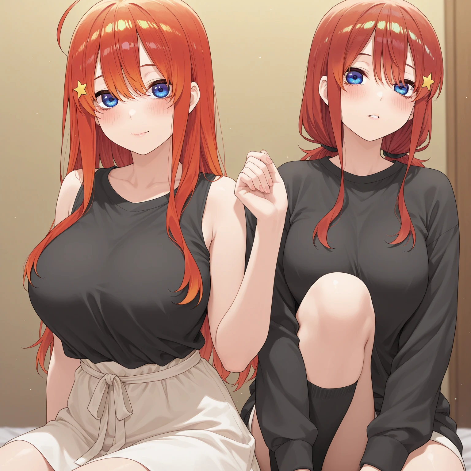 2heads, a tiny thin woman with 2 heads. She is in a bedroom at night. She is wearing a tank top and sweatpants. Huge lips, giant perky lips. She looks spunky. She looks happy, excited. She is seductive. She has long curly pink hair. She is blushing. She has freckles. Many freckles all over body. POV sex.