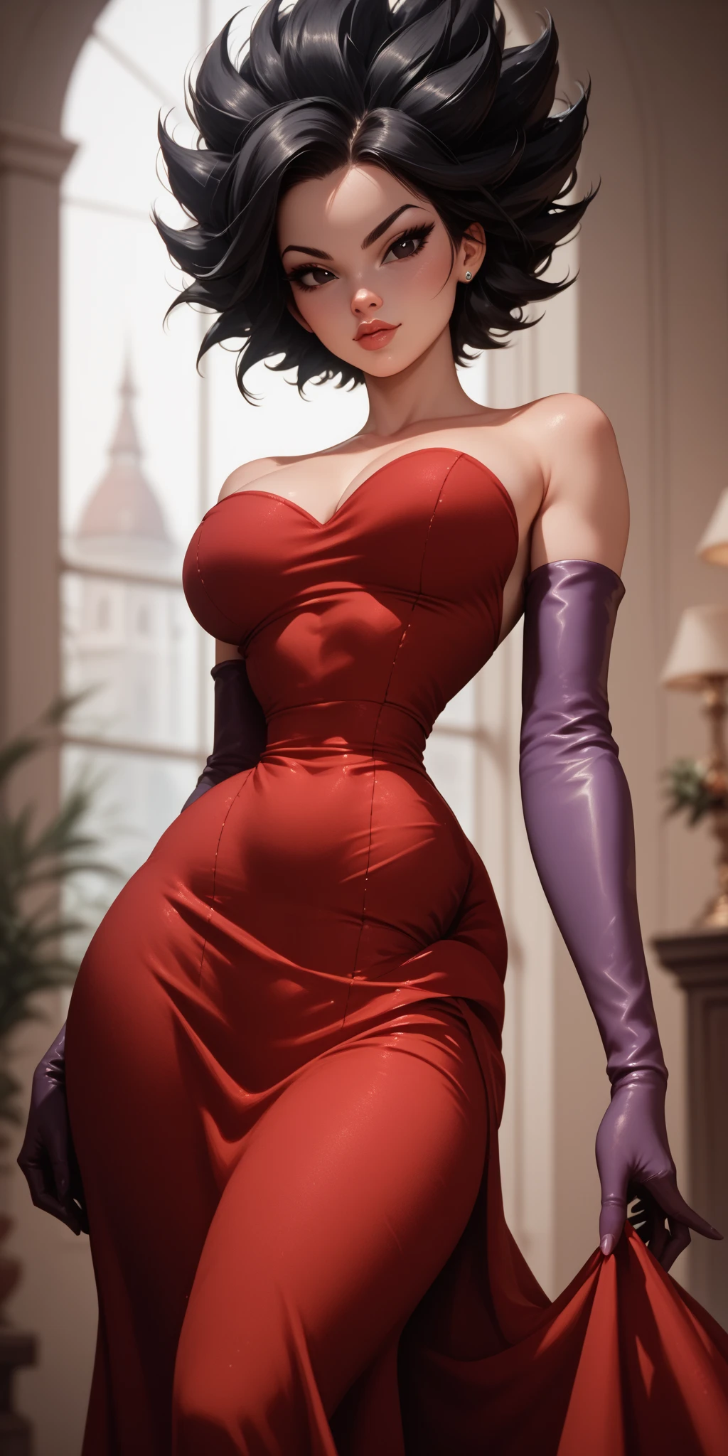 1920s femme fatale, elegantly dressed in a sleek, floor-length gown with a plunging neckline and intricate beading, short wavy bobbed hair with a finger wave, bold dark red lipstick, exuding danger and seduction, cinematic composition, high contrast, soft-focus background, textured fabric detail, carefully staged composition, low-angle-shot