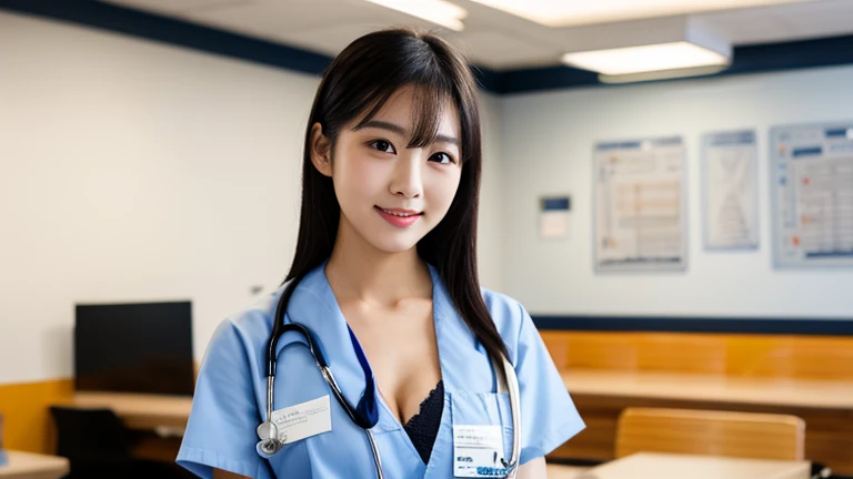 (1 Girl )、(Beautiful Japanese、30years old,round face、Refreshing、clear、seems kind、stylish、Pitiful、cute like an angel、cute、black eyes、(Single eyelid:1.3)、Beautiful skin), {(Japan human face:1.4),(General facial features)} , (((Beautiful breasts:0.4))),(((soft breasts))),(very cute),(updo, hair tendrils,brown hair,),(enchanting eyes),(highlight on eyes:1.2)、(8K、Live shooting、highest quality、masterpiece:1.2、optimal lighting)、((masterpiece)),(Photo taken by a professional photographer),(real、photo real:1.4),BREAK,((taraditional nurse uniform))},(cleavage:0.5)},( Smile),(cheeks are red:1.3), BREAK, hospital,Face shot:1.0、 face close-up,,(((1970s vibe)))、Hospital corridor,dynamic angle,,standing,Holding hands on patient's body