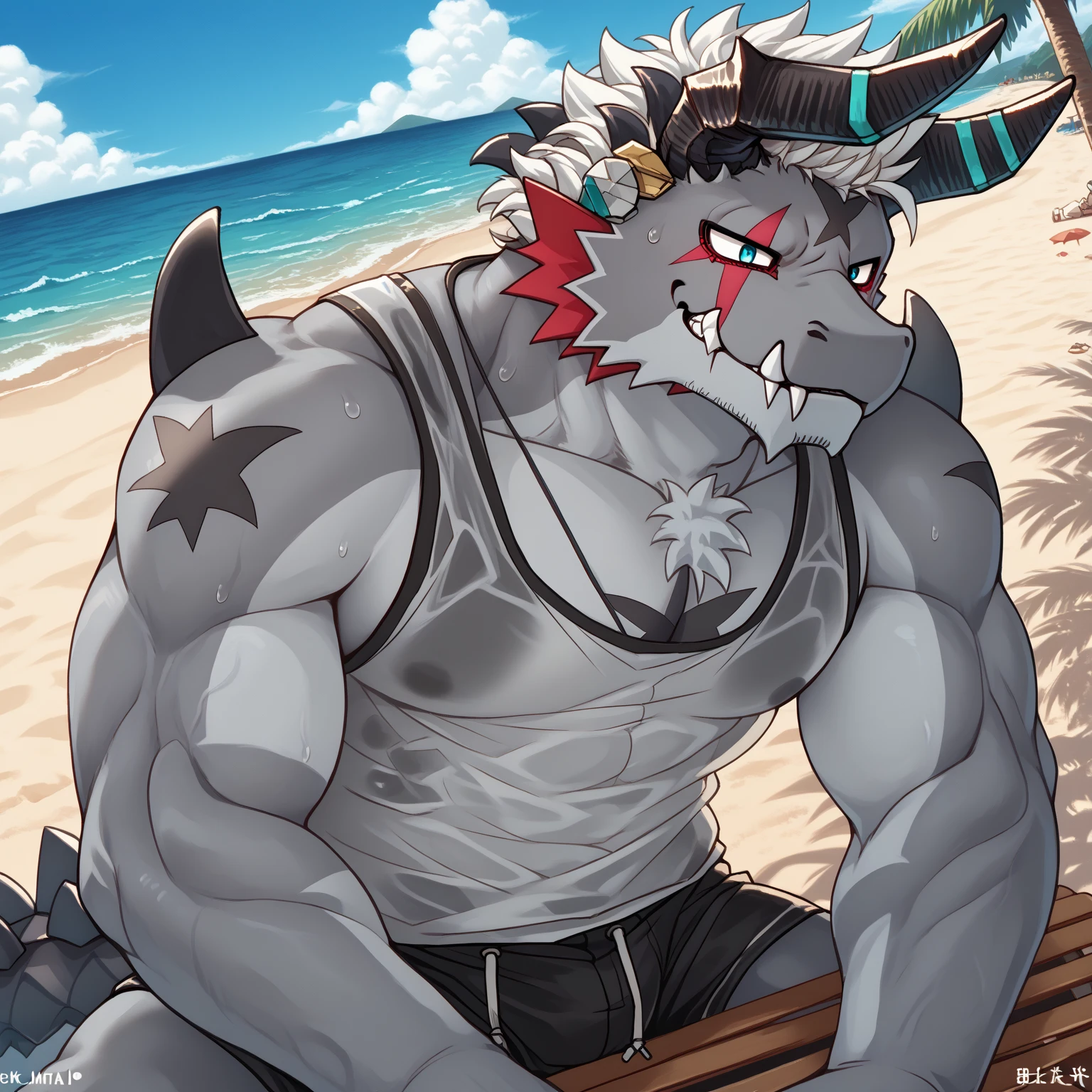 ((cel-shading, portrait, rear view, bright beach background, light color palette, global lighting)), 1boy, abs, bara, bare shoulders, suspended in midair, (black hair, body hair, copious luxuriant bushy far-reaching black chest hair, bushy black fur all over chest, hairier chest than possible), clothing cutout, cuffs, dark skinned male, thick facial hair, handcuffs, jewelry, large pectorals, (long bushy black sideburnale focus, mature male, medium hair, slim, muscular, muscular male, navel, pectorals, short hair, sideburns, solo, stomach, stubble, thick thighs, butt, (((naked, sliding on tentacle like a banister, tentacle rubbing his perineum))), thighs, tight, watch, ((wolf, wolf tail, huge hairy groin, pubes, pubic hair, happy-trail, treasure-trail, copious luxuriant bushy far-reaching black nether-hair, very hairy snatch, landing strip covered in pubic-hair, pubic hairy perineum, bushy tush)), expression of ecstasy, passionate gaze, wincing with pleasure