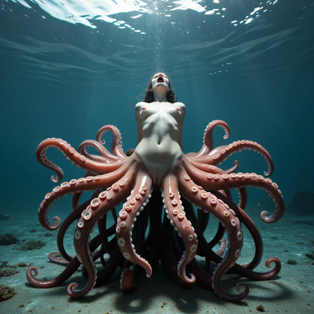 The Italian actress Mónica Belluci semi-naked and surrounded by hundreds of giant white tentacles