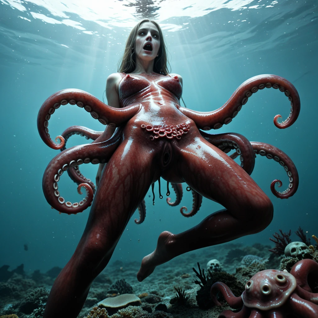 The Russian model María Nabokova half naked and wet surrounded by hundreds of giant white tentacles