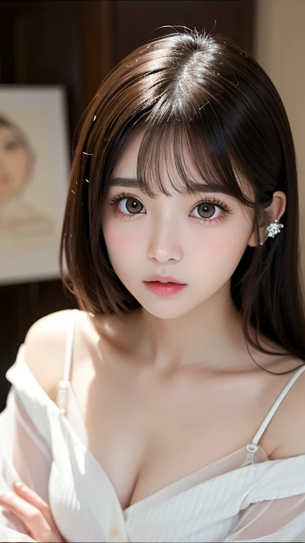 (masterpiece, ultra detailed, hyper detailed, exquisite, 16K, absurdres), woman, 19year old, slender, cheerful, glad, (kneeling), bed, looking at viewer, medium hair, messy hair, diagonal bangs, brown hair, brown eyes, wide-eyed, upper body, from below, low angle shot, cinematic lighting, in focus with blurred background,
