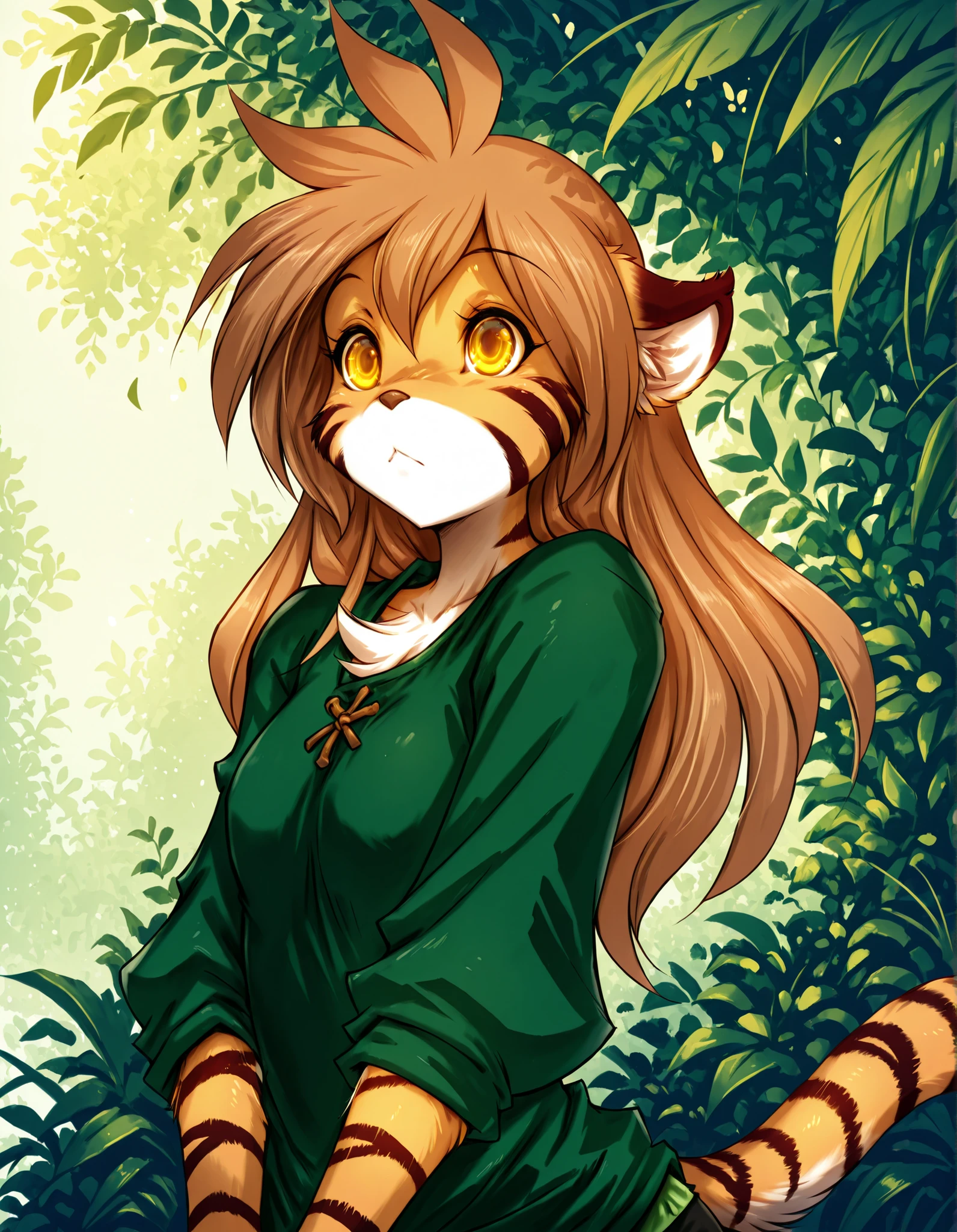 Hitomaru,, masterpiece, best quality, very aesthetic, 1girl,, furry, solo, flora-twokinds, flora_twokinds,, tiger, striped fur, keidran, yellow eyes, anthro,, green shirt