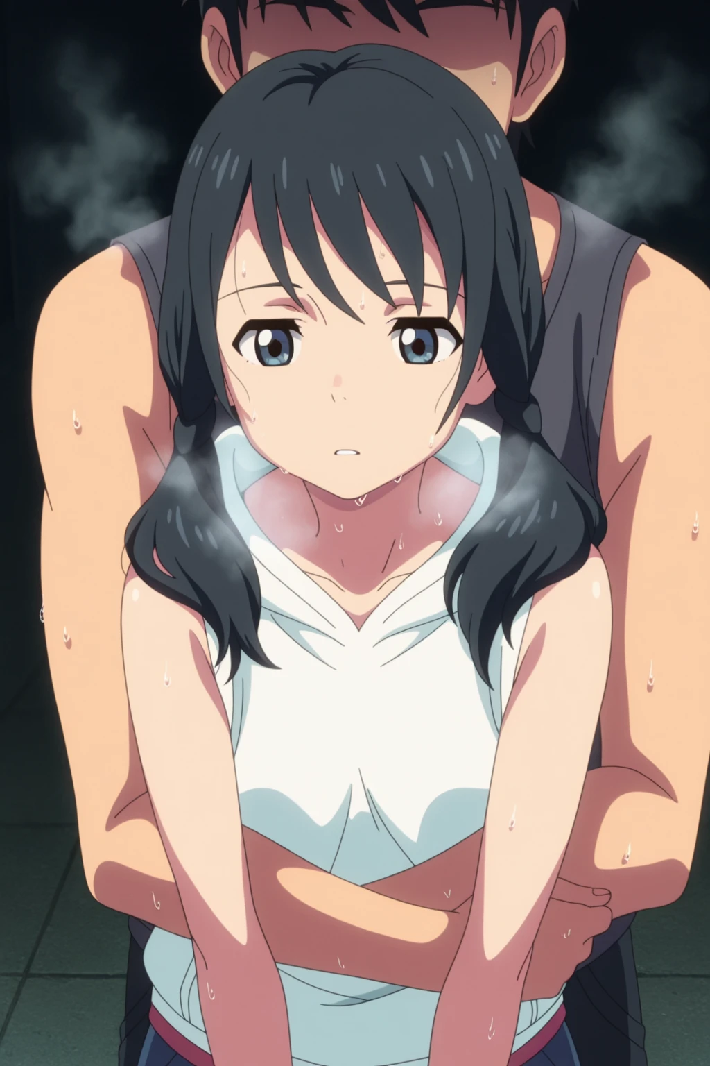 {artoria pendragon_fate ubw:1.15},(((black hair:1.5))), ((beautiful dark blue_eyes:1.5)), , ((Strong light )) ,  ((1 very tall girl:1.6)),, alone,((very surprised eyes:1.7)),  hair between eyes,,, bare shoulders,, cleavage, thighhighs, ((( very long straight hair:1.5 ))), ((torn wet white camisole, see-through:1.8)) , beautiful light, , close up face:0.2,　detail navel , detail thin thigs, ,  ((sitting on white liquid:1.8)), ((Legs trembling)),                                                                                                                                                                                                                      
trouble eyebrow, ((wet white panties:1.7)) ,                             　　　　　　　　　　　　　　　　　　　　　　　　　　　　　　　　　　　　　　　　　　　　　　　　　　　　　　　　　　　nsfw,(???????:1.8) ,(slut:1.6),(vulgarity:1.7),(fucked silly:1.8),(steam:1.5),(wet:1.5),(trembling:1.5),(((Twisting the body:1.8))) ,(drooling:0.6),(sweat:1.5),closed mouth:0.8, wince,(orgasm:1.7), trembling:1.8,　　　　　　　　　　　　　　　　　　　　　　　　　　　　　　　　　　　　　　　　　　　　　　　　　　　　　　 beautiful upper body, Beautiful body, beautiful character design, perfect eyes, Perfect face, expressive eyes, ,(church:1.5),in the center of the image, official art,High Definition CG Unity, Perfect lit, bright_front_face_lit, ,(Highest_quality:1.0),4k,Super detailed, photograph, 8K, nffsw, High resolution, absurd:1.2, kodak portrait 400, film grain, Lens flare, (lively_color:1.2) (beautiful,small breasts:1.4), (beautiful_face:1.3),(narrow_waist),((blush)), ((detail nipple)),,saber, dress, pony tail