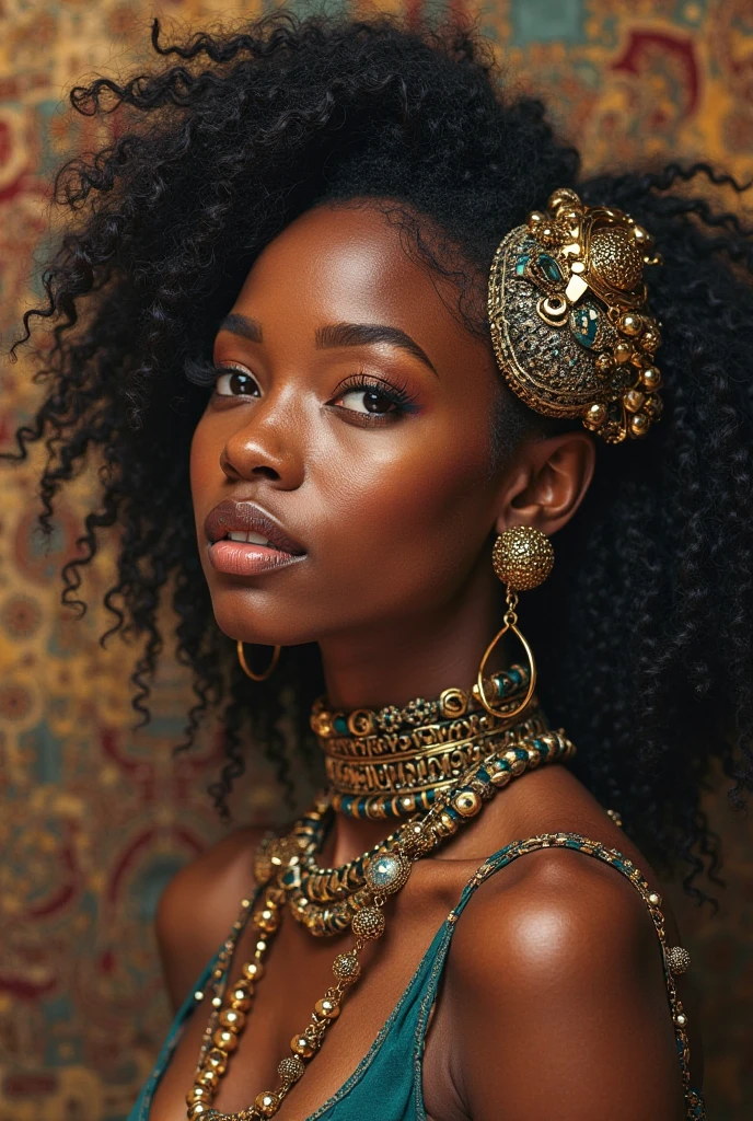 Uma mulher preta, of candomblé, with light brown eyes and 4a hair below the chest