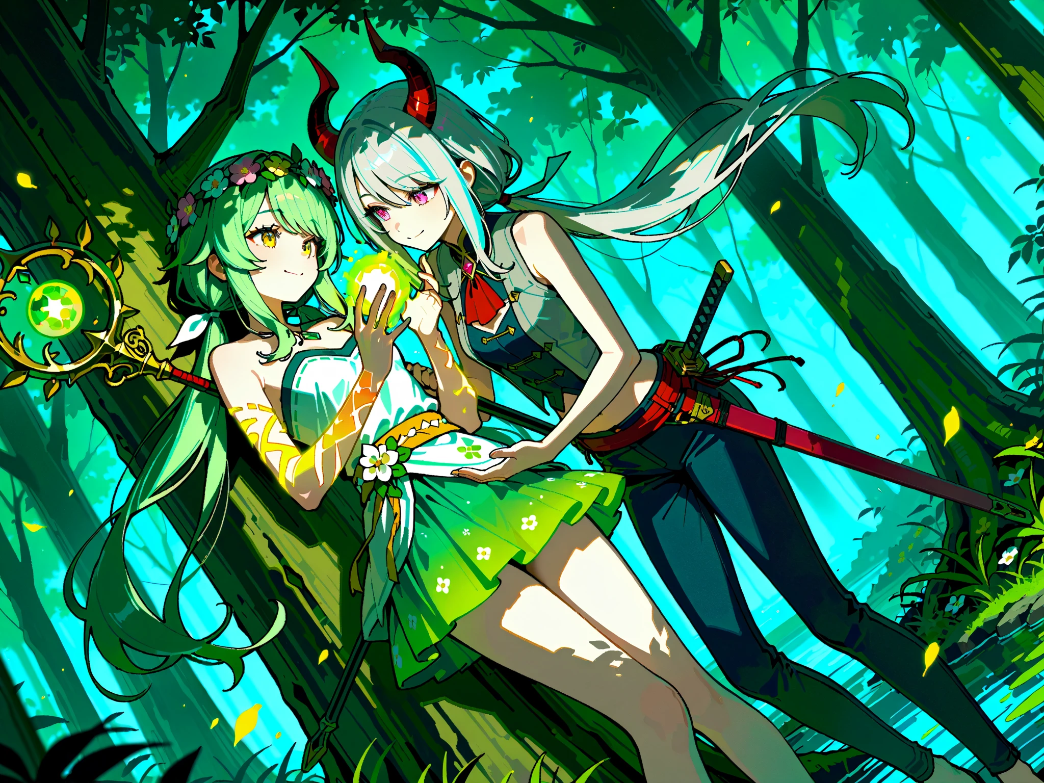 fantasy, 1forest_elemental_girl, fighting, (using_leaves_clothes, green_leaves_covered_breasts, leaves_covered_pussy)+++,medium_breasts,dynamic_pose_standing, light_smile, sleepy, medium_hair, navel,(dark_skin)+, oil, (winding_vine_around_torso)++, plump,forest, trees_background, leaves_headgear, green_leaves_cape, hold_large_long_staff, thighhighs,