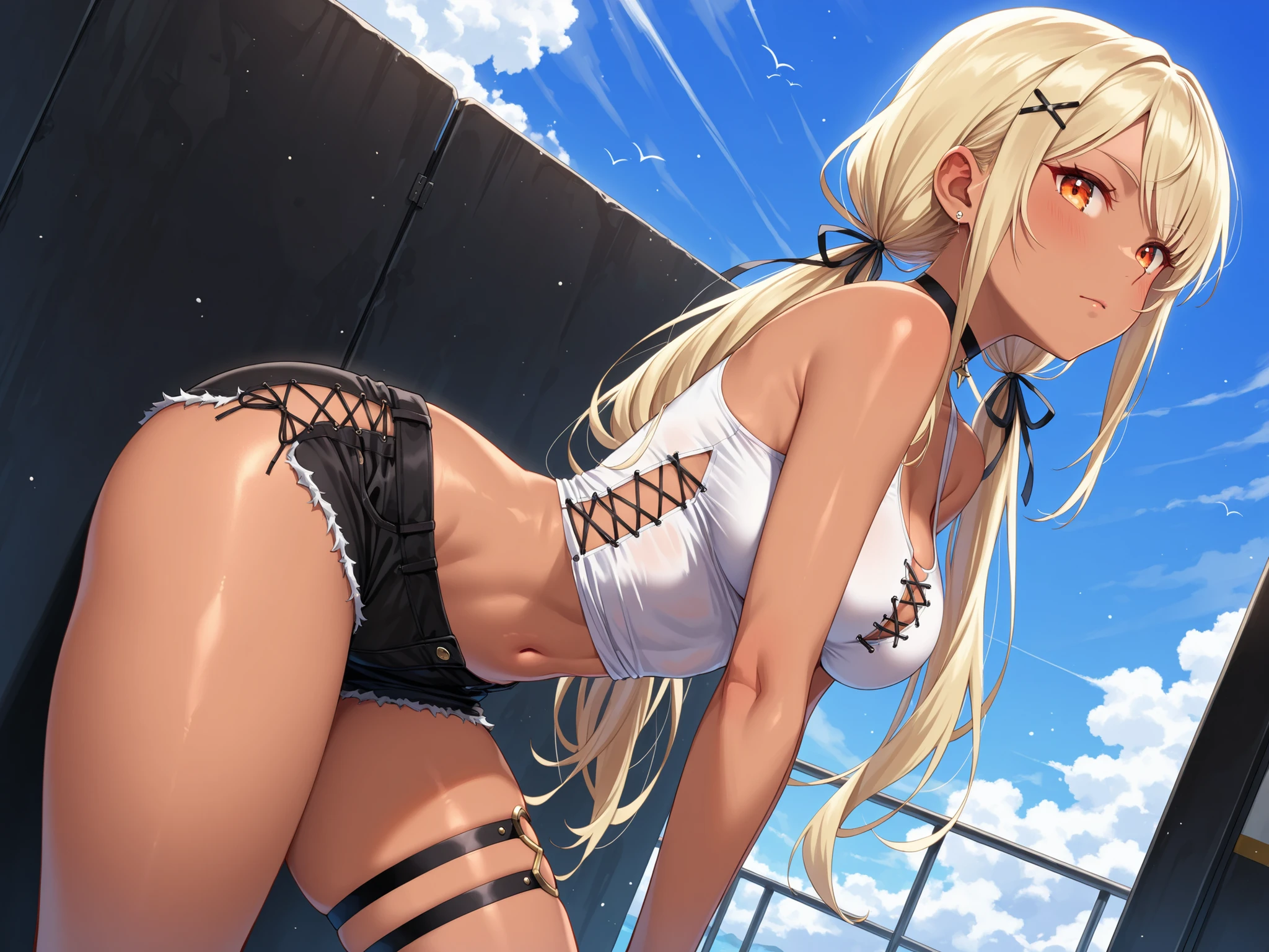 ultra-detailed、highest quality、Highest image quality、master piece、8K、blonde curly hair、(SFW huge body)、(((Rear view)))、cowboy shot