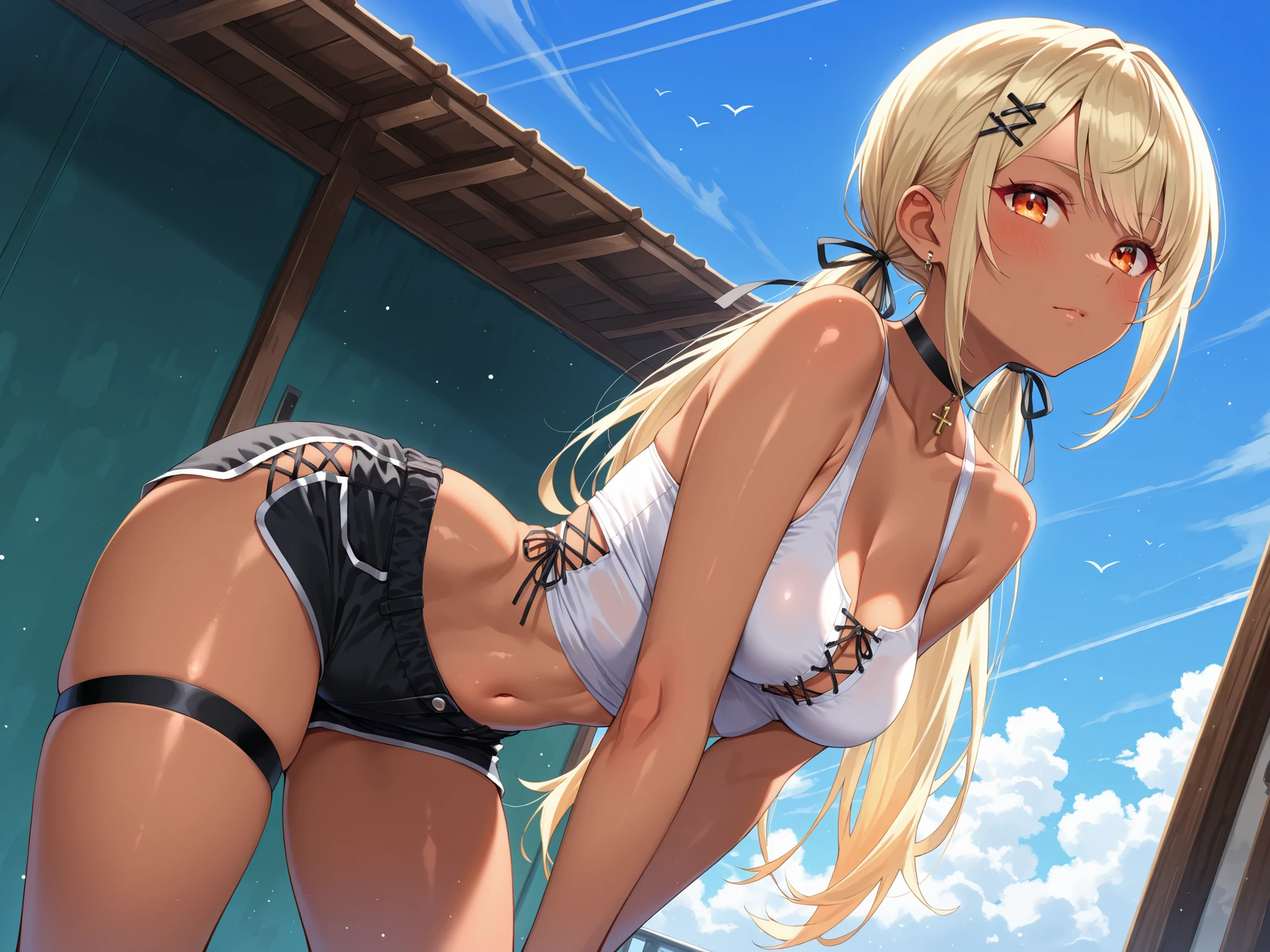 1girl, tanned skin, female raen Au Ra, short height, shoulder length sandy blonde hair with light pink highlights in ponytail, red eyes with yellow glowing limbal rings, wearing pearl white super short super sexy bikini top, shows her naked tits, pearl white super short super sexy miniskirt, shows her naked spread vagina, shows her naked spread asshole, spread legs, beach, absurdres, high res, ultrasharp, 8K, masterpiece, looking at viewer