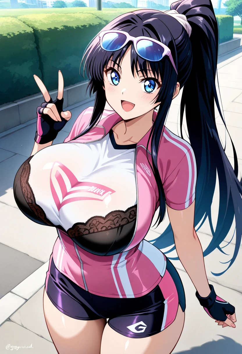 todoshizuko, purple hair, ponytail, hair ribbon, long hair, blue eyes, makeup, 15years old , large breasts, solo, nsfw, nipple,  ride a bicycle