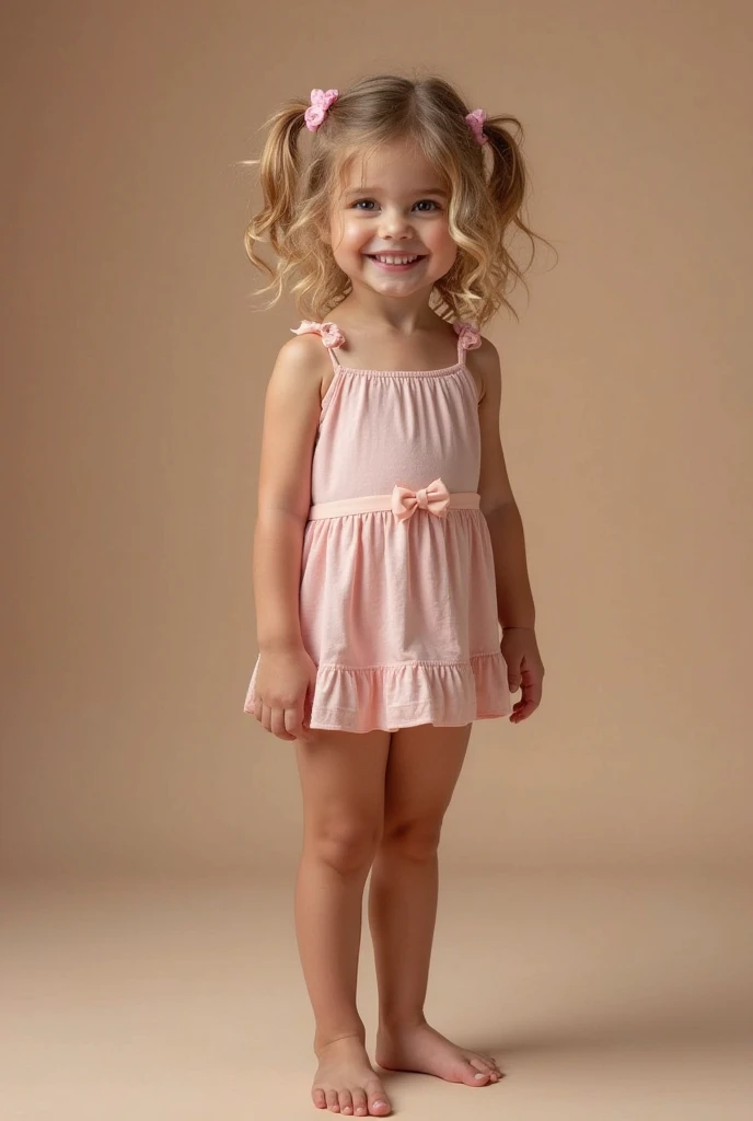 Little 8-year-old girl sitting sideways on her bed dressed in a light-colored and short dress