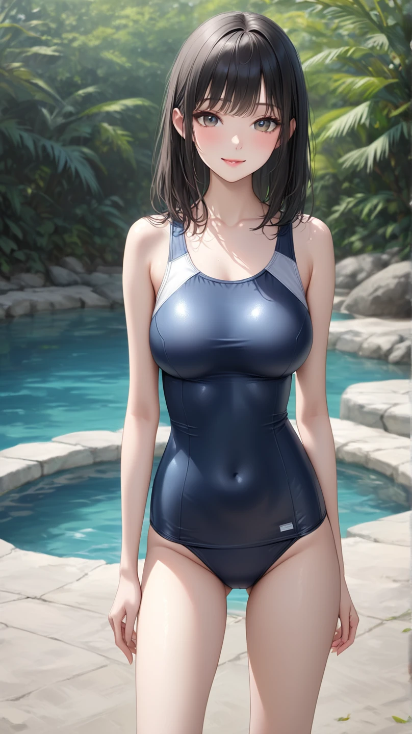 (masterpiece,best quality,ultra detailed,high resolution),(daytime,clear weather,bloom),((solo,cowboy shot)),(a girl),japanese,(black hair,medium hair),(beautiful detailed face,beautiful detailed eyes,fair skin),light smile,(navy competition swimsuit),big breast,cameltoe,