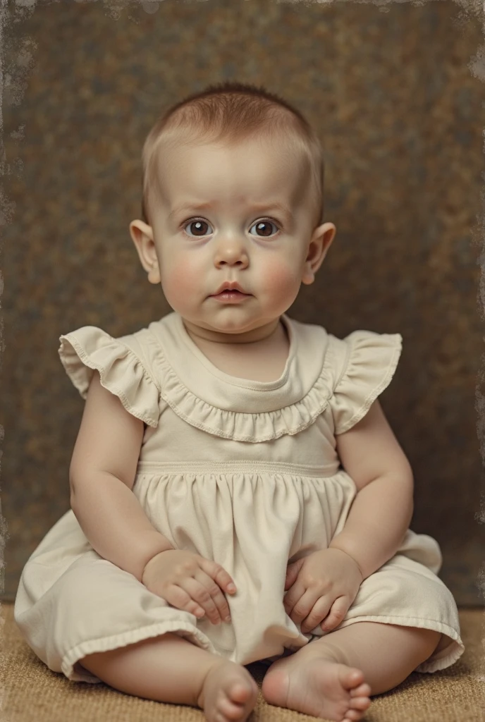 A extremely obese baby with wavy hair in victorian outfit posing on a bed
