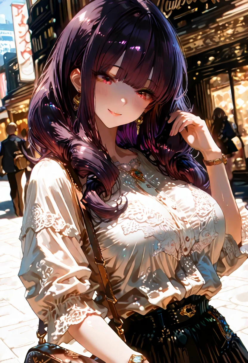 masterpiece,highest quality, Ultra-high resolution,(Beautiful woman:1.2), cute, cute face, (Natural skin texture, Realistic Skin), (Upward-facing chest, Beautiful big boobs:1.8),(blush, Happy:1.2),(enjoy:1.2), (Black Hair:1), (short low ponytail:1.2), Medium Hair,Sexy mole around mouth,Wet lips, (erupt:1.4), (Squint your eyes:1.4) ,((random color, off-shoulder knit, Knit that shows the chest:1.8)), short skirt, Turned up shirt, kawaii , city, Angle from the front, walking, Emphasize your breasts, wonderful,Realistic Background,