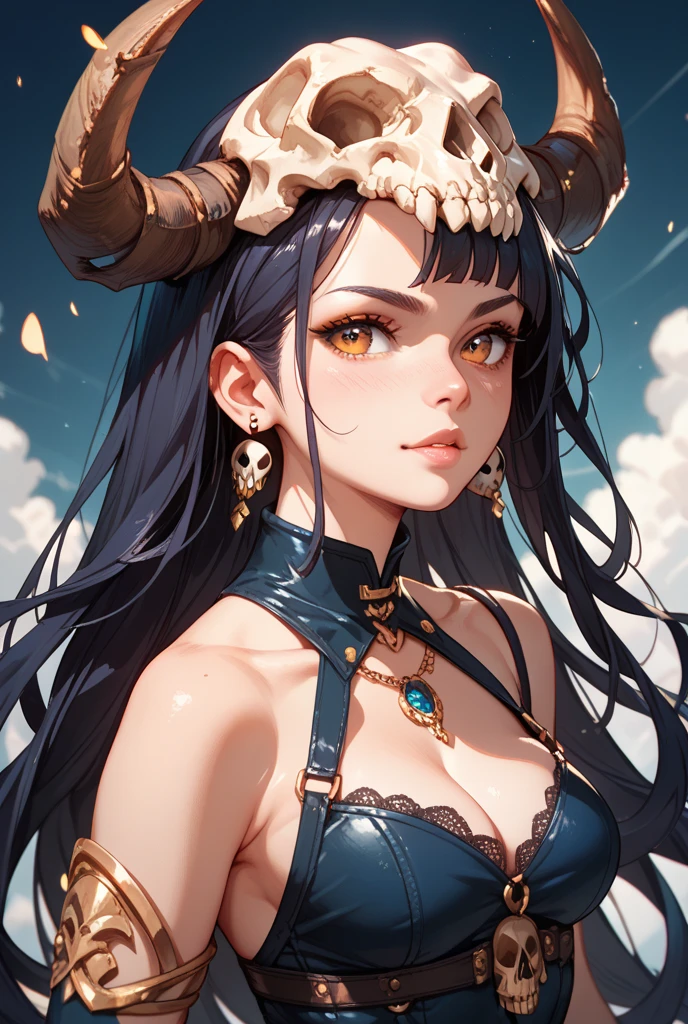 Jewelry, solo, necklace, earrings, gown, long hair, lips, brown hair, dark-skinned female, black dress, dark skin, realistic, brown eyes, looking to the side, black hair, blurry, upper body, bare shoulders, collarbone, outdoors, pendant, long sleeves, blurry background, nose, looking away, <lora:DawlV2:0.8>