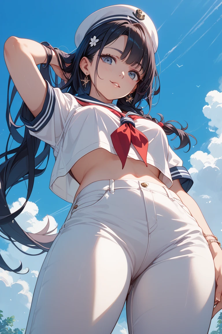 ((top-quality))、((masterpiece))、1girl in、Formal-up、beautiful detailed eyes and face、pretty skin、a very cute、22year old、School swim wear(darkblue、Simple design、Matte texture、Wrinkle、Glossy polyester material、A black、shadings、)Wet body、Anime Face、Beautie、Facing the front、big eye(Beautiful fece、Anime Face、Clear eyes、Fine details、Beautiful eyes)Well-formed face(Beautiful nasal muscles、Perplexed、sharp mouth)full of sweat、sodden、Wet feeling、Background with(sunny sky、takeout)、8K picture quality、perfectly proportions、A slender、red blush、female focus on, hair adornments,length hair, Look at viewers,お漏らし、
