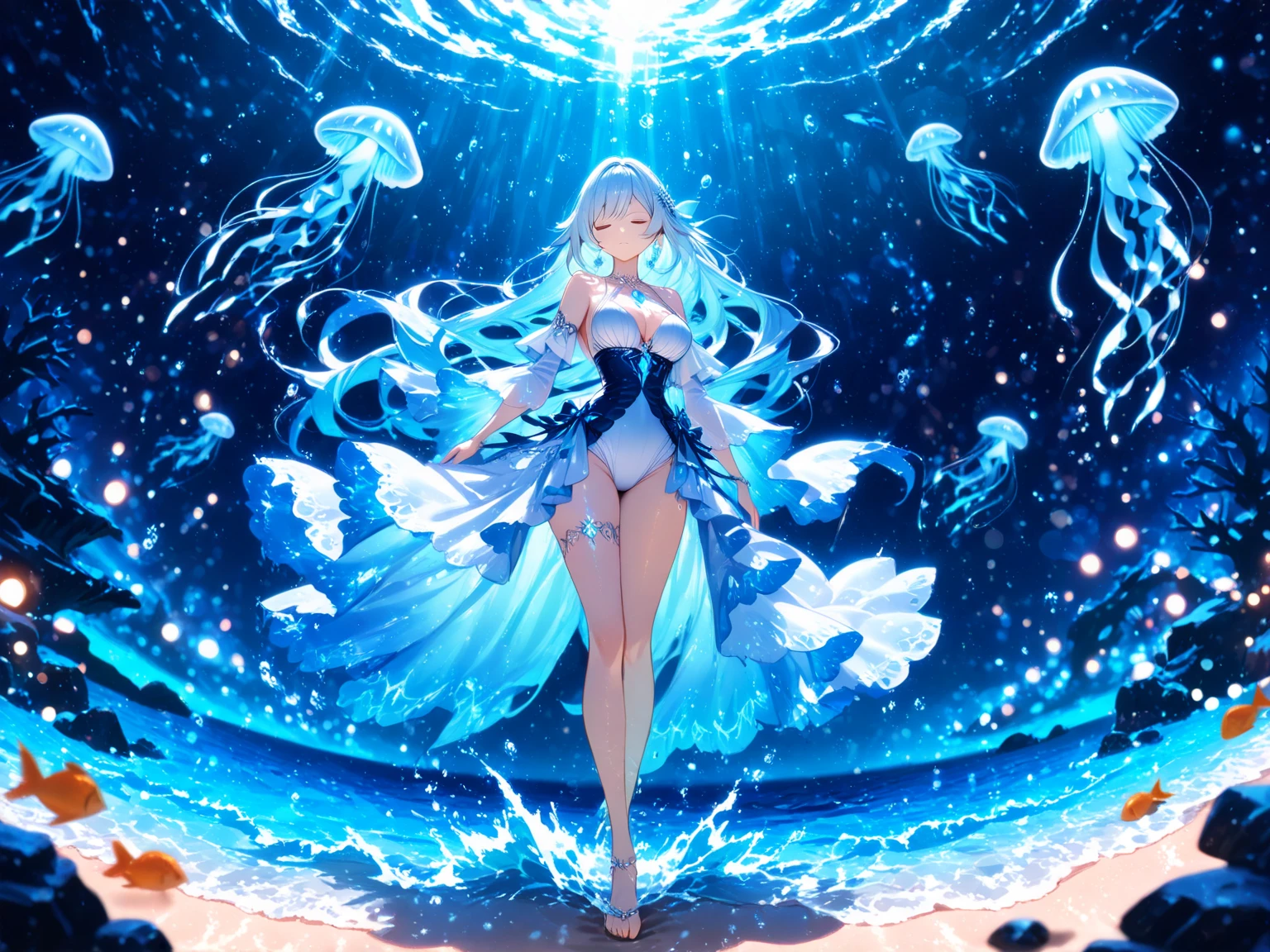 anime girl standing on a coral reef with fish and a bird, wallpaper anime blue water, trending on artstation pixiv, beautiful anime artwork, anime fantasy illustration, anime fantasy artwork, detailed anime art, beautiful anime art, magical ocean, official anime artwork, goddess of the ocean, high detailed official artwork, high definition anime art, detailed anime artwork