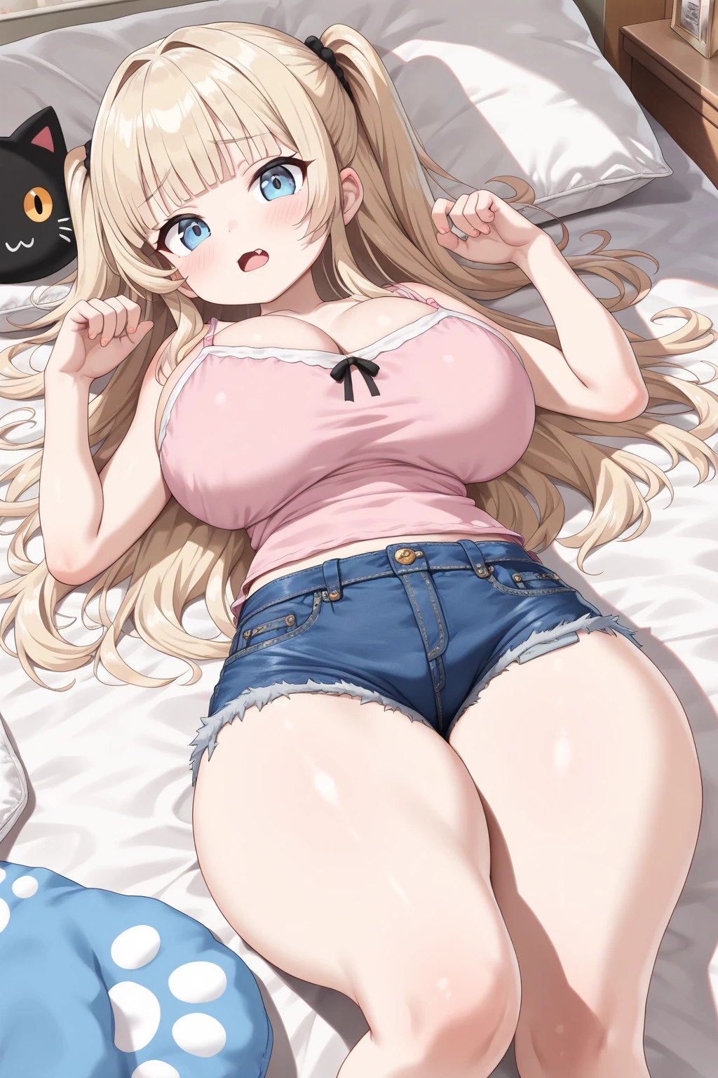 (masterpiece, Best Quality:1.2), absurdities, perfect anatomy, 1 girl 18yo, full body, looking at the viewer, blunt bangs, ( Denim shorts:1.1), Focus only, Soft lighting, (blue eyes), blonde hair, very long hair, twintails, Airi Akizuki, big breast, striped tights, lying in a bed,