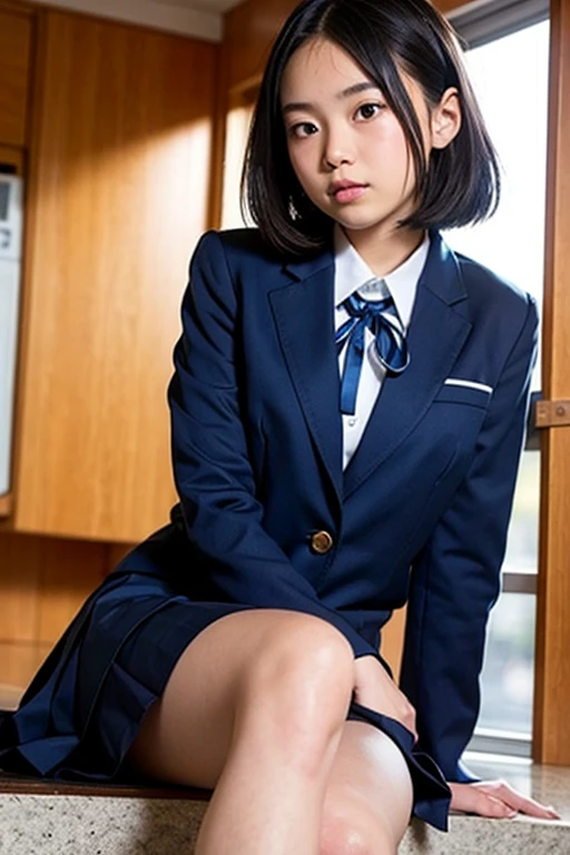 8K, RAW Portrait (Japanese women),masterpiece、Photorealistic:1.2、Realistic, Ultra-high resolution, highest quality, Real Life Photos ,( in the evening :1.1),
((((1 female:1.5))))、(Cute face:1.3)、Japanese women in the room、 beautiful、(Realistic skin texture:1.3)、(Immersive atmosphere:0.8、clair obscur:1.2) 、(Look Viewer:1.4)、((Embarrassed look:1.4))、((Red cheeks:1.3))、((Ceiling from below:1.2))、(smile:0.7)、((wearing very small satin panties))、((Panty shot))、((A woman rolling up her skirt))、((From below:1.13))、((Crotch close-up:1.49))、((Pants with emphasis on the photo))、((Spread your legs out to the side:1.4))、defMaki, ((Blue Blazer, Striped blue bowtie, Long sleeve, plaid mini skirt, Blue mini skirt)),