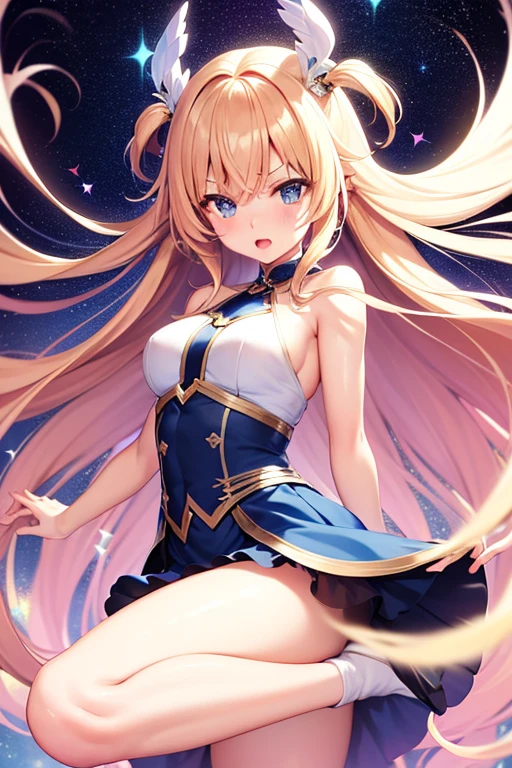 panty shot、rainbow colored leotard、Beautiful Girl Magician、blonde twintails、((whole body))、(((photo taken from below)))、night
