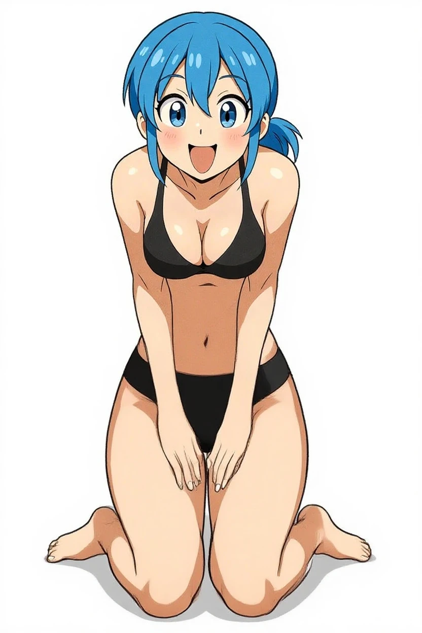 asfi, anime art style, 1 girl, alone, looking at the viewer, short hair, blue eyes, blue hair, full body, glasses, blue bikini, smiling, kneeling on a bed, leaning forward, back angle,