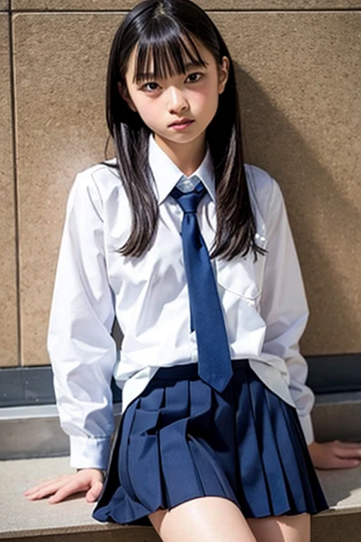 Japanese,child,っぽい,10 years old,teenage girl,cute,primary school student,private elementary school,uniform,white dress shirt,plaid skirt,school bag,early summer,inside the school,sitting,kneel down,I can't see my underwear