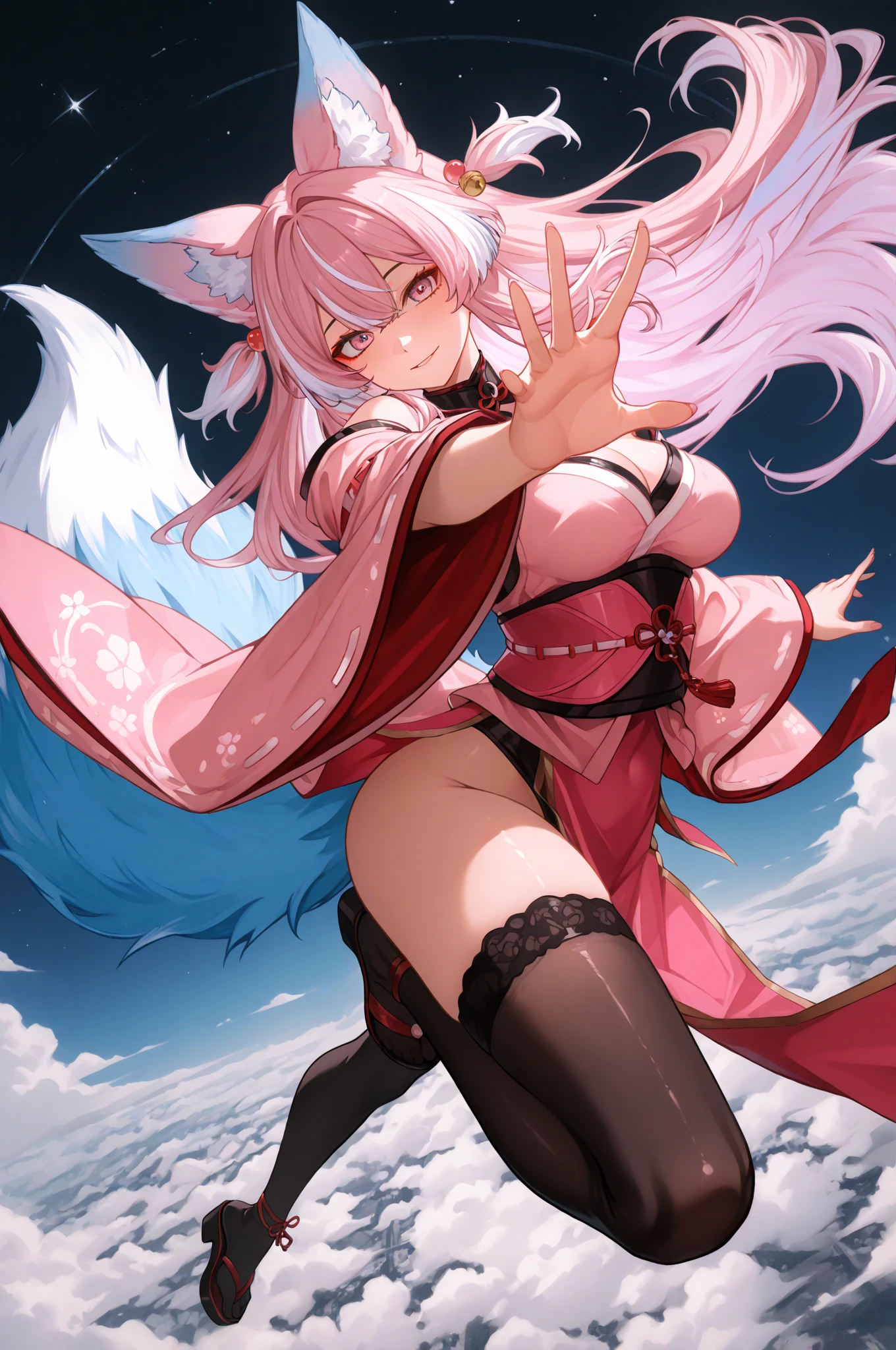 1 girl, ((masterpiece,best quality)), absurdres, Catra_Shera, cat ears, big breast, cleavage, heterochromia, solo, smiling, looking at viewer, cowboy shot, cinematic composition, dynamic pose, Looking at Viewer, (half-body:0.6), half-body illustration