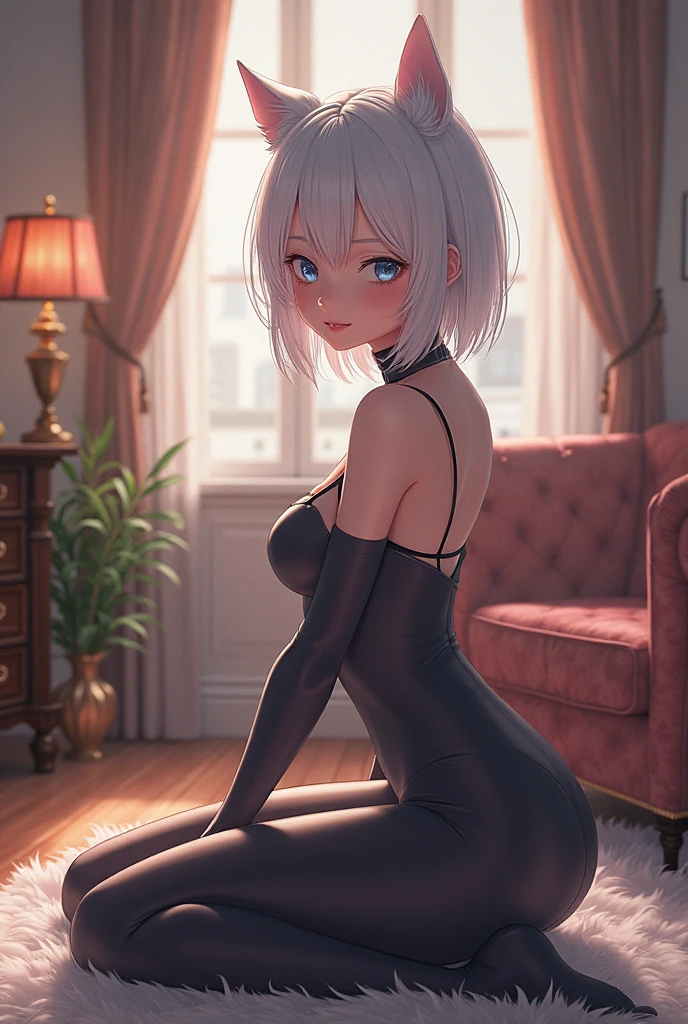 slutty _school_girl_ sitting on desk in classroom, parted lips, suggestive gaze, shameless, dark panties, short white hair, BREAK steamy atmosphere, front light, dramatic shadows, dominating steam, greasy atmosphere, cold-blue tones, complementary colors
