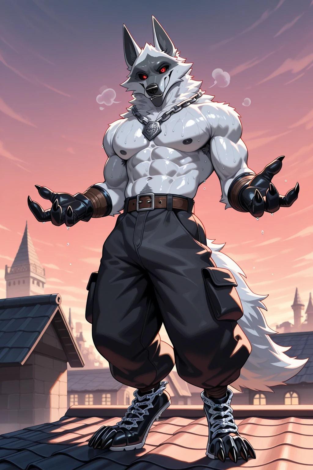 Fenrir anthro, bipedal wolf, fenrir, buff wolf, black fur, chains wrapped around arms, sword, red eyes, black tail, leather armor, adventurer, fantasy lands, big masculine chest, scar on right eye, detailed, hd, big bulge, bulging crotch, bulge in pants, penis, bulging boner, noticeable boner, noticable erection, hard penis in pants, dynamic pose, posing